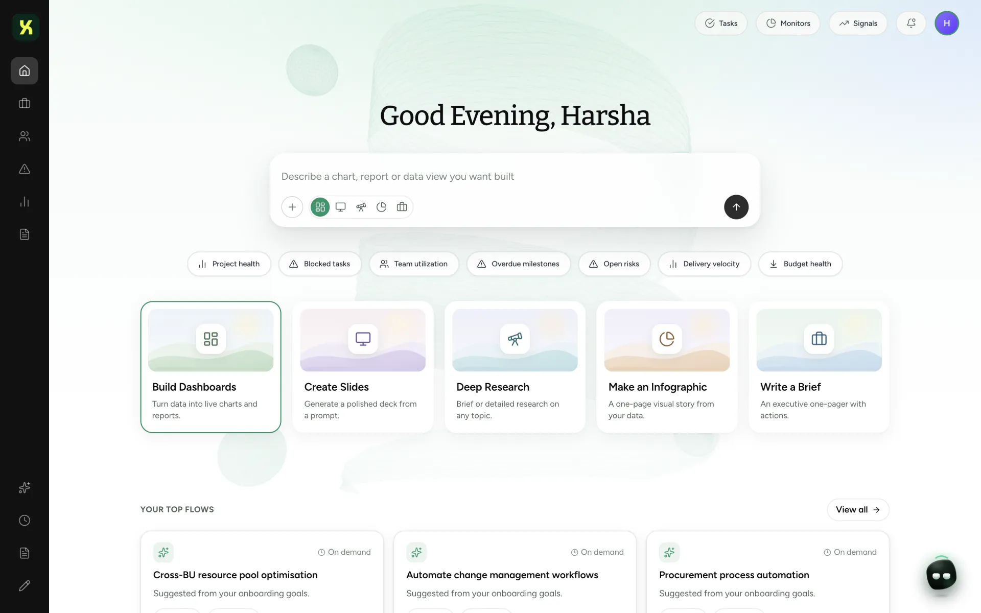 Xura home: a prompt box to describe any chart, report or view, quick questions like project health and blocked tasks, and one-click shortcuts to build dashboards, slides, deep research, infographics and briefs